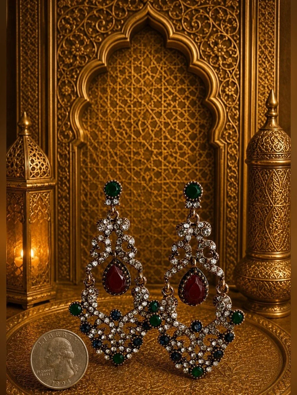 Turkish Pierced Gold Tone Pierced Earrings Emerald Sapphire Burgundy Clear Color